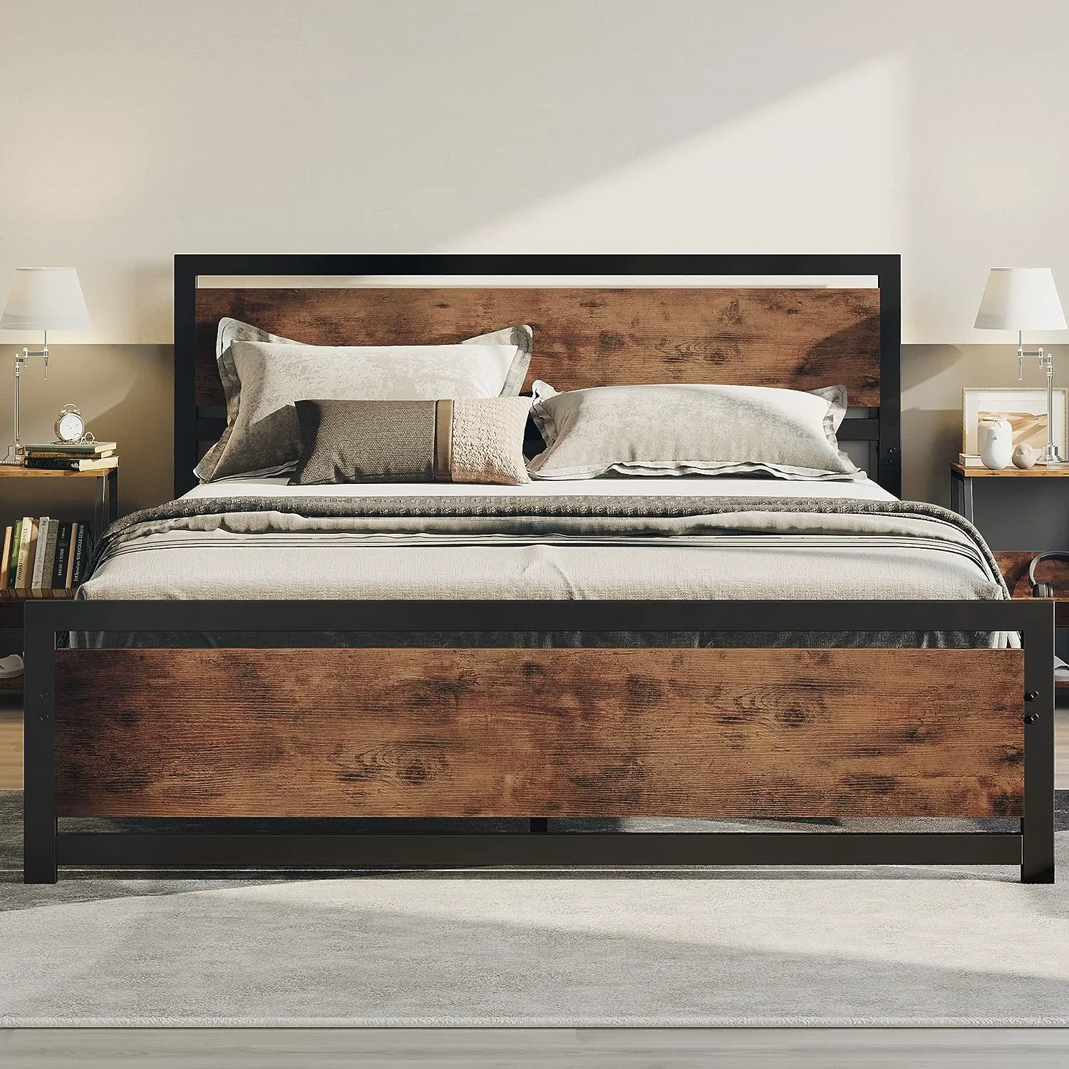 Luxury Industrial Platform King Size Bed Frame with Headboard and Footboard Strong Supports Noise- No Box Spring RequiredIndustrial Platform King Size Bed Frame with Headboard and Footboard Strong Supports Noise- No Box Spring Required Genuine