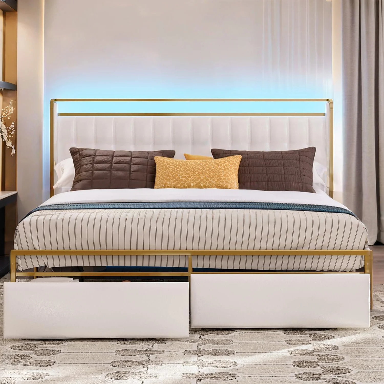 Specialty Upholstered Bed Frame with RGB Light Drawers No Box Spring Needed No NoiseUpholstered Bed Frame with RGB Light Drawers No Box Spring Needed No Noise Safe