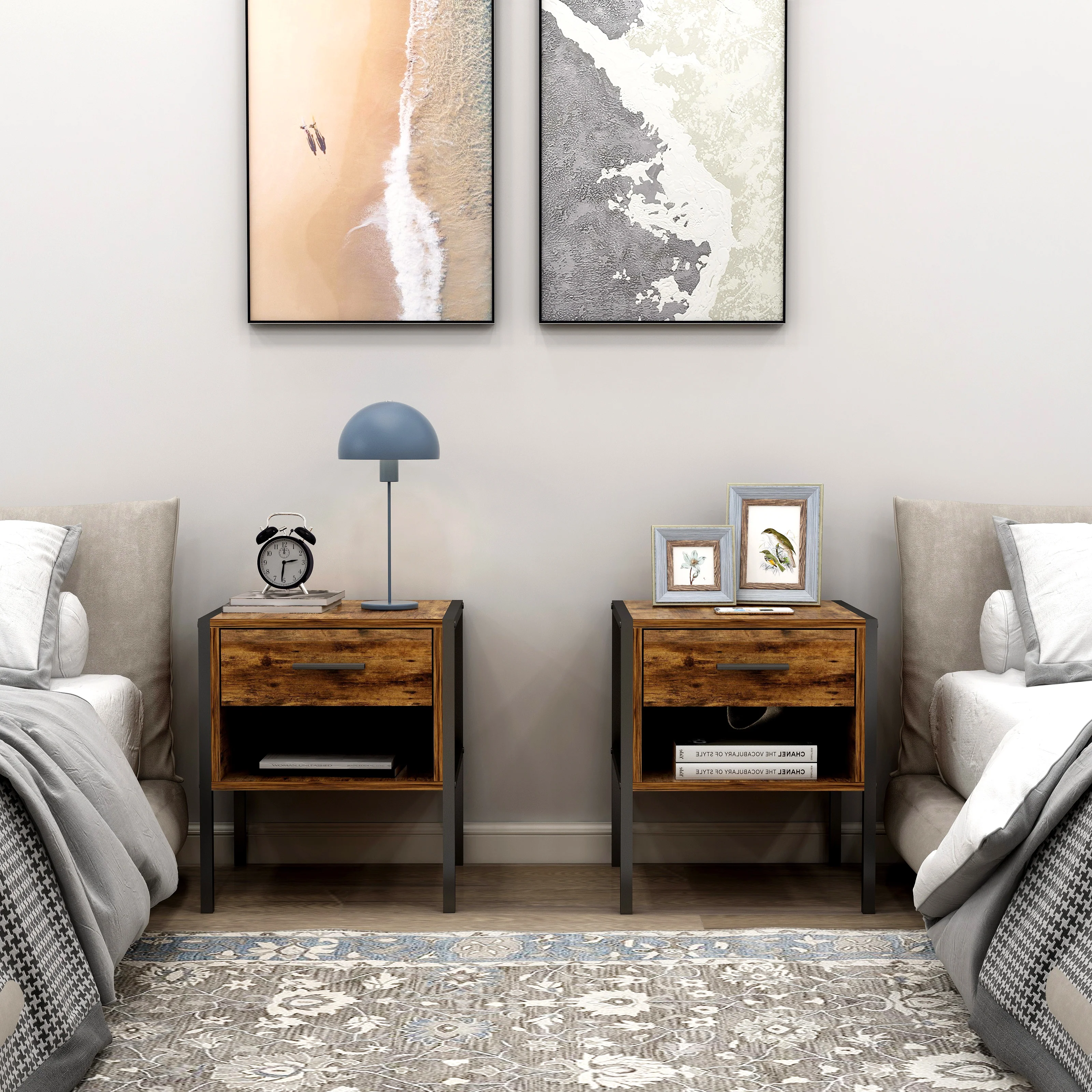 High-Quality Set of 2 Pcs Nightstand With 2 Drawers Industrial Style Discontinued Set of 2 Pcs Nightstand With 2 Drawers Industrial Style Discontinued Genuine