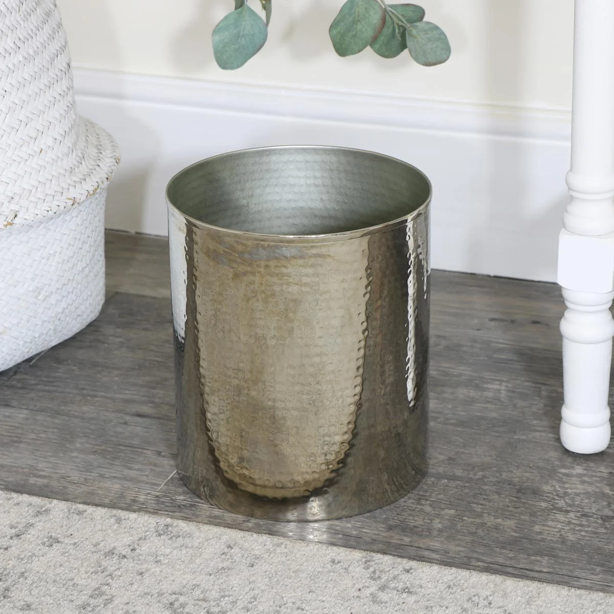 Green Silver Metal Hammered Waste Bin Refined