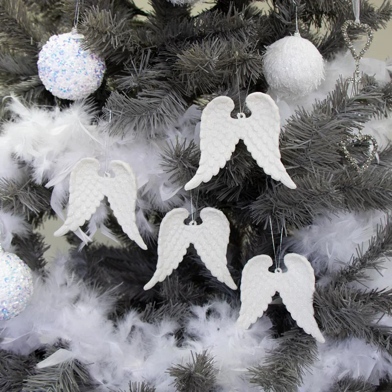 Powerful Set Of 4 White Glitter Angel Wings - 12cm Authentic