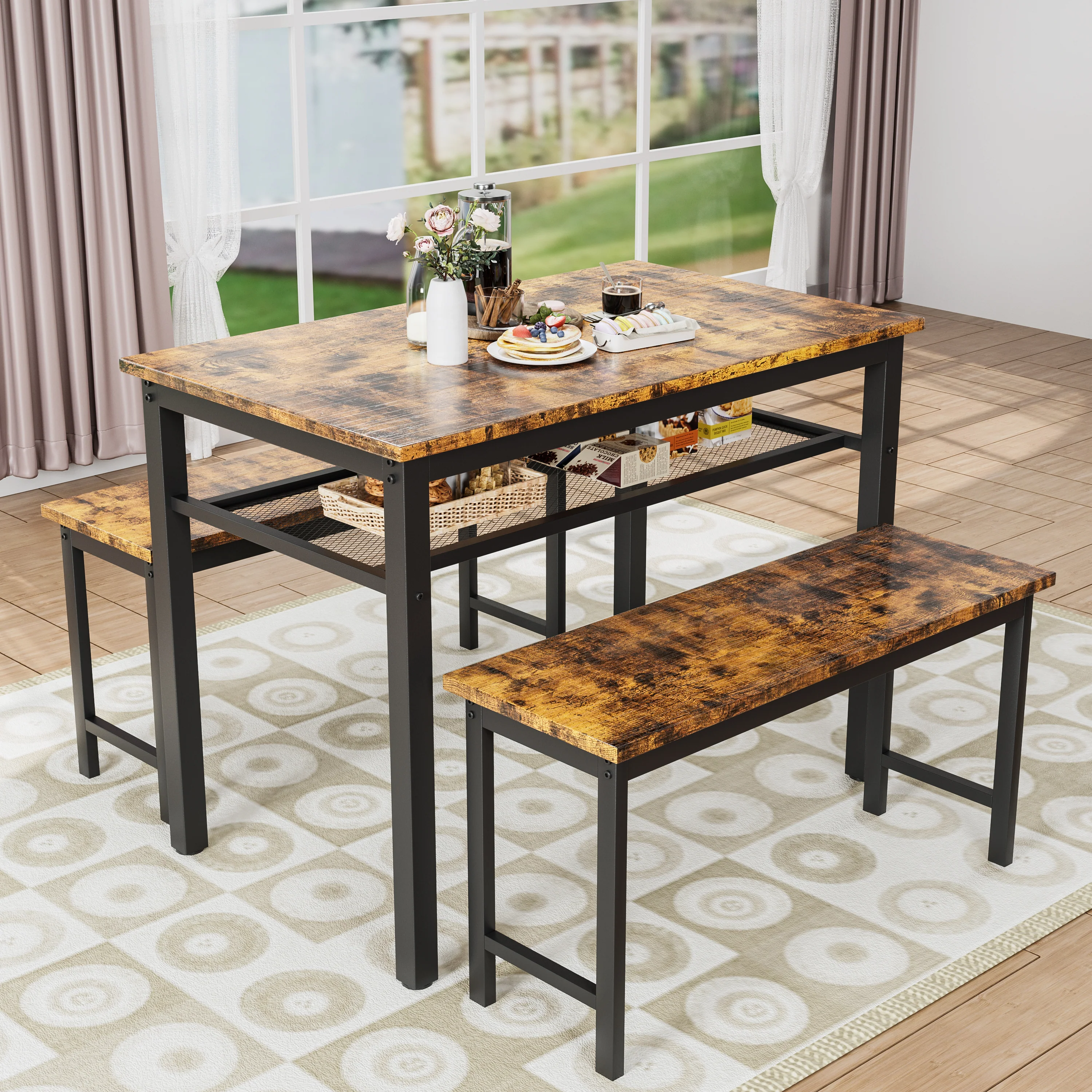 Innovative 3 Pieces Dining Table Set Industry Style Table with Two Benches Discontinued 3 Pieces Dining Table Set Industry Style Table with Two Benches Discontinued Verified