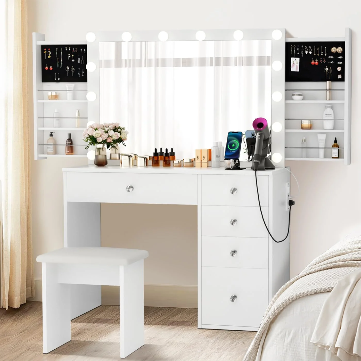 Consistent Vanity with Lighted Mirror and Sliding Storage Cabinet Electrical Outlet 3 Lighting Modes Adjustable BrightnessVanity with Lighted Mirror and Sliding Storage Cabinet Electrical Outlet 3 Lighting Modes Adjustable Brightness Contemporary