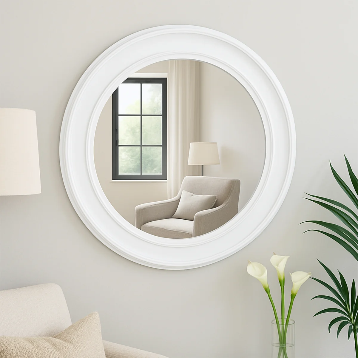 Classic Large Round Vintage White Wall Mirror 80cm x 80cm Crafted