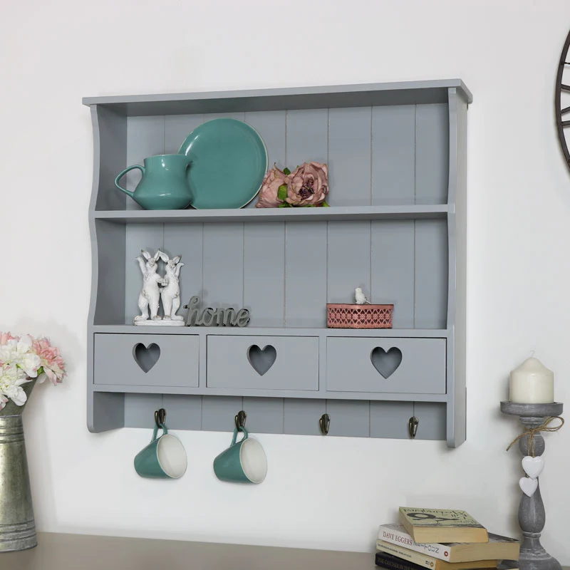 Fashionable Large Grey Wall Shelf with Heart Drawer Storage Green