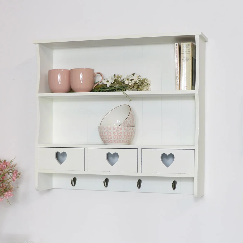 Selected Large Pale Cream Wall Shelf with Heart Drawers Dependable