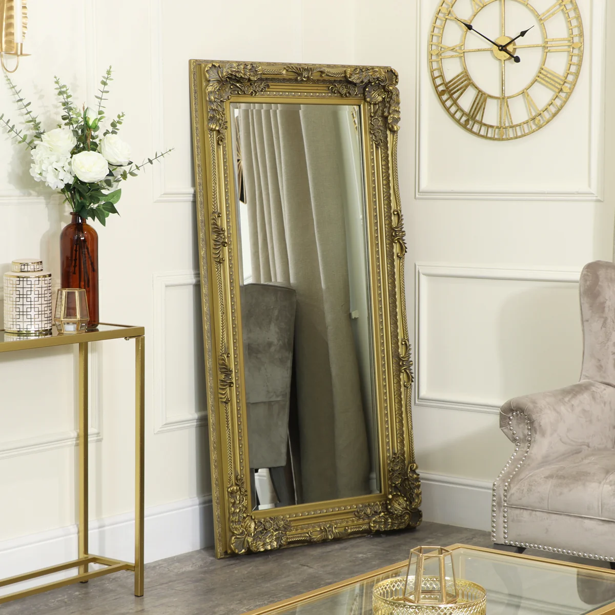 Optimized Large Ornate Gold Wall Leaner Mirror - 78cm x 158cm Authentic