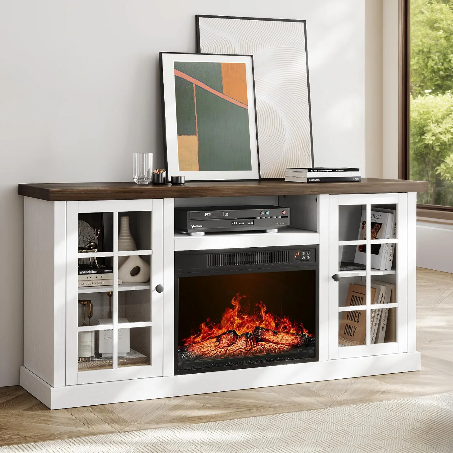 Minimalist 59 Inch Fireplace TV Stand TV Table with 23 Inch Electric Fireplace Media Console Cabinet with Storage and Glass Doors59 Inch Fireplace TV Stand TV Table with 23 Inch Electric Fireplace Media Console Cabinet with Storage and Glass Doors Verified