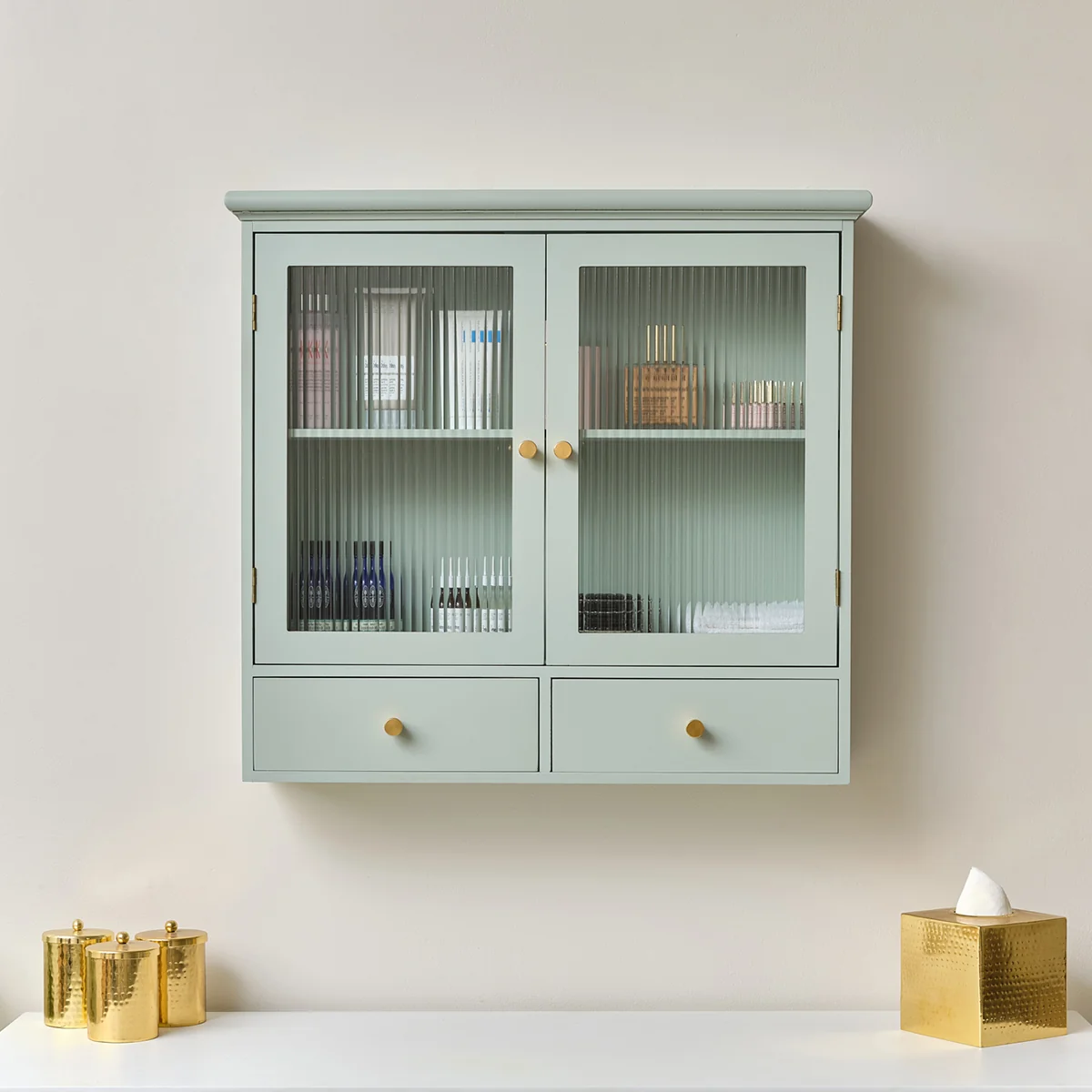 Traditional Duck Egg Blue Reeded Glass Wall Cabinet with Drawers Easy-to-Use