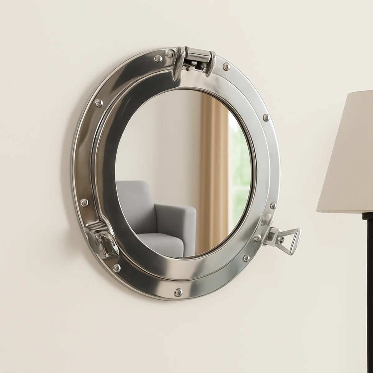 Natural Silver Metal Porthole Mirror 28cm x 28cm Exclusive