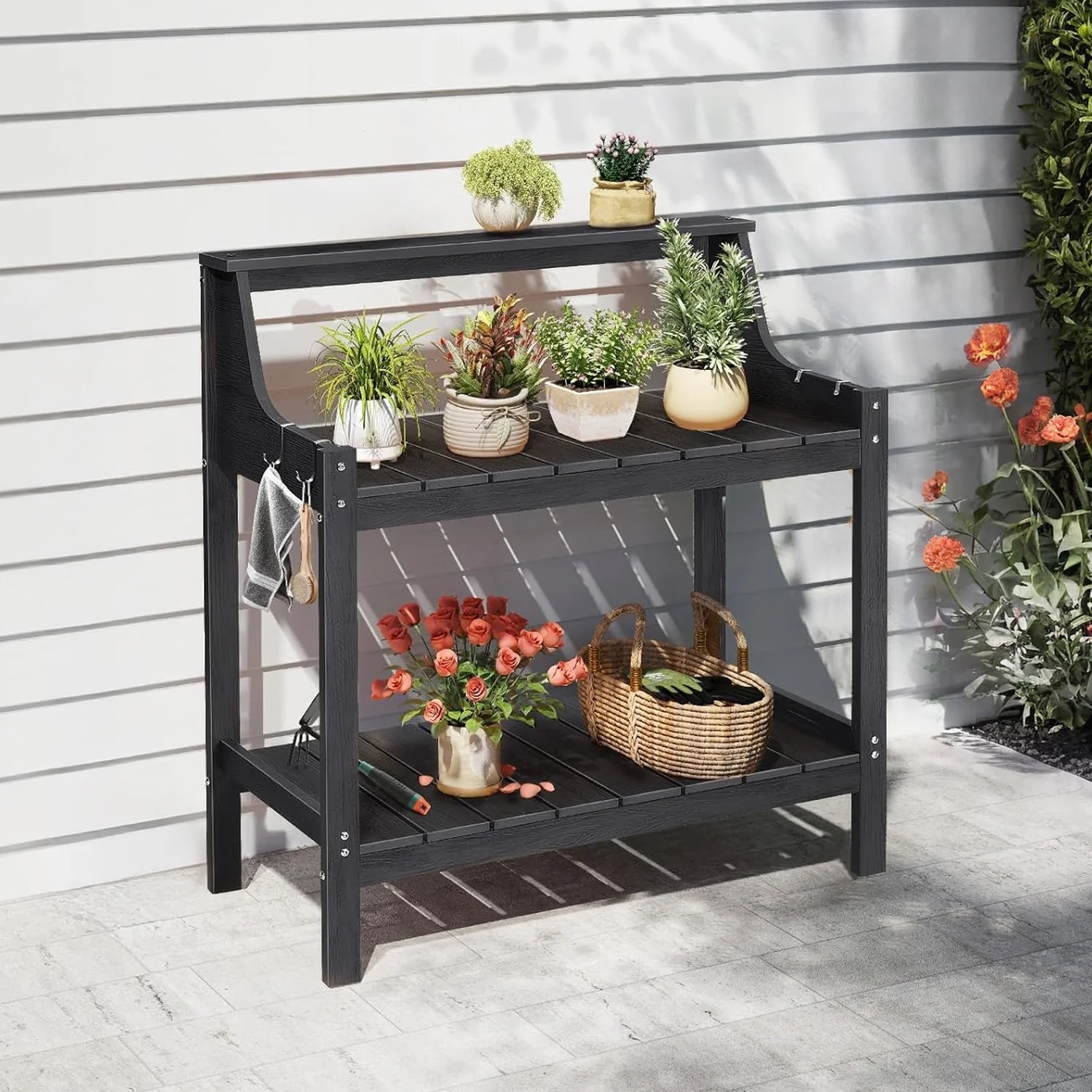 Expertly Made Potting Bench Table Outdoor HDPS Potting Bench Garden Table Work Station with 4 Side HooksPotting Bench Table Outdoor HDPS Potting Bench Garden Table Work Station with 4 Side Hooks Detailed