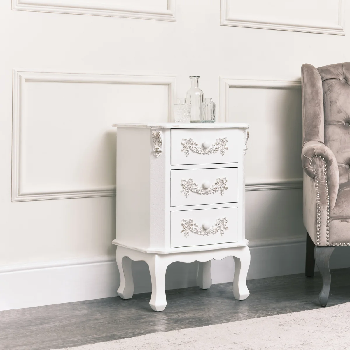 Sustainable Antique White 3 Drawer Bedside Table - Pays Blanc Range User-Friendly