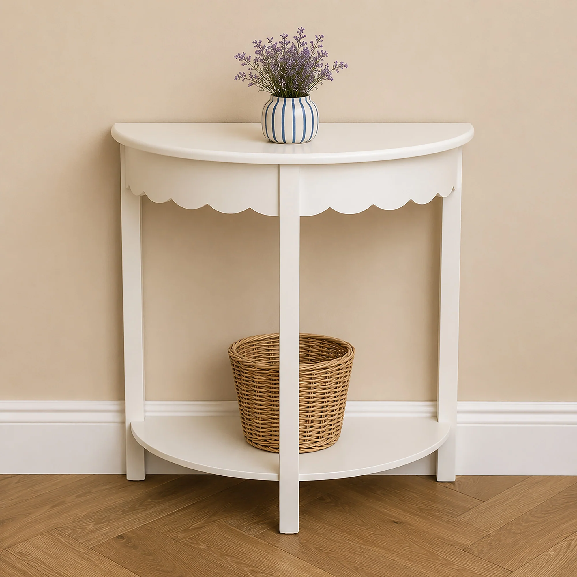 Artisan Ivory White Wooden Scalloped Half Moon Console Table with Shelf - 78cm x 80cm Trusted