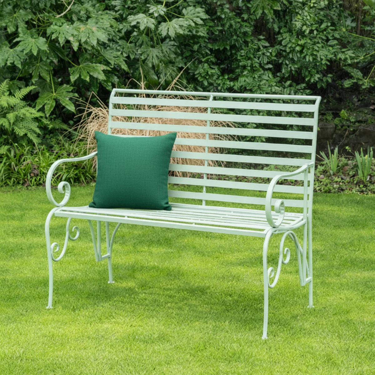 Environmentally Friendly Sage Green Metal Ornate Distressed Garden Bench - 100cm x 92cm Elegant