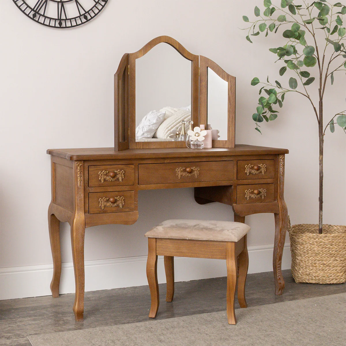 Functional Wooden Dressing Table Desk with Triple Mirror and Stool - Pays Du Bois Range Certified