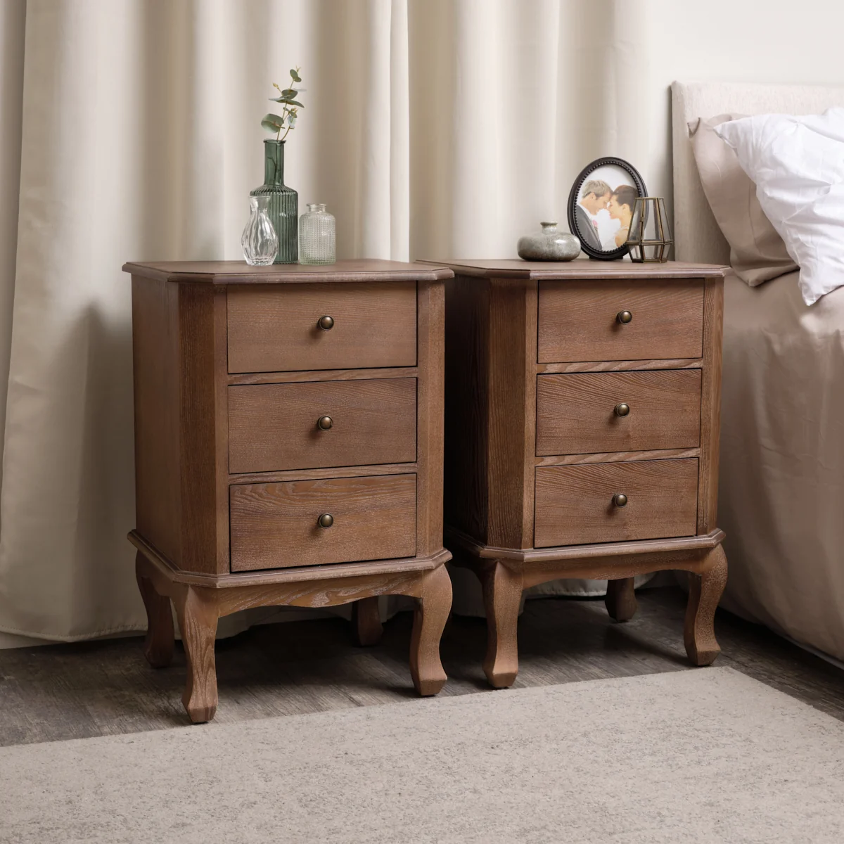 Original Pair Of 2 Dark Wood 3 Drawer Bedside Tables - Ashwell Range Effective