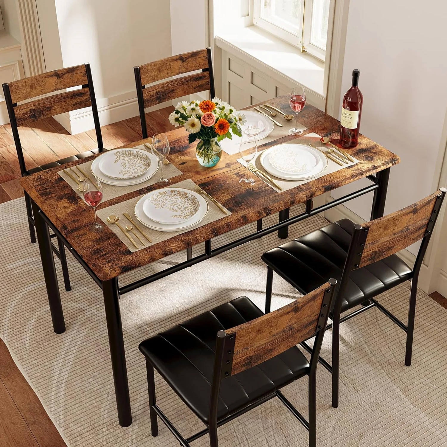 Contemporary Dining Table Set for 4 Wood Kitchen Table with Upholstered Chairs Space-Saving Kitchen Table Set Compact Dining SetDining Table Set for 4 Wood Kitchen Table with Upholstered Chairs Space-Saving Kitchen Table Set Compact Dining Set Responsible