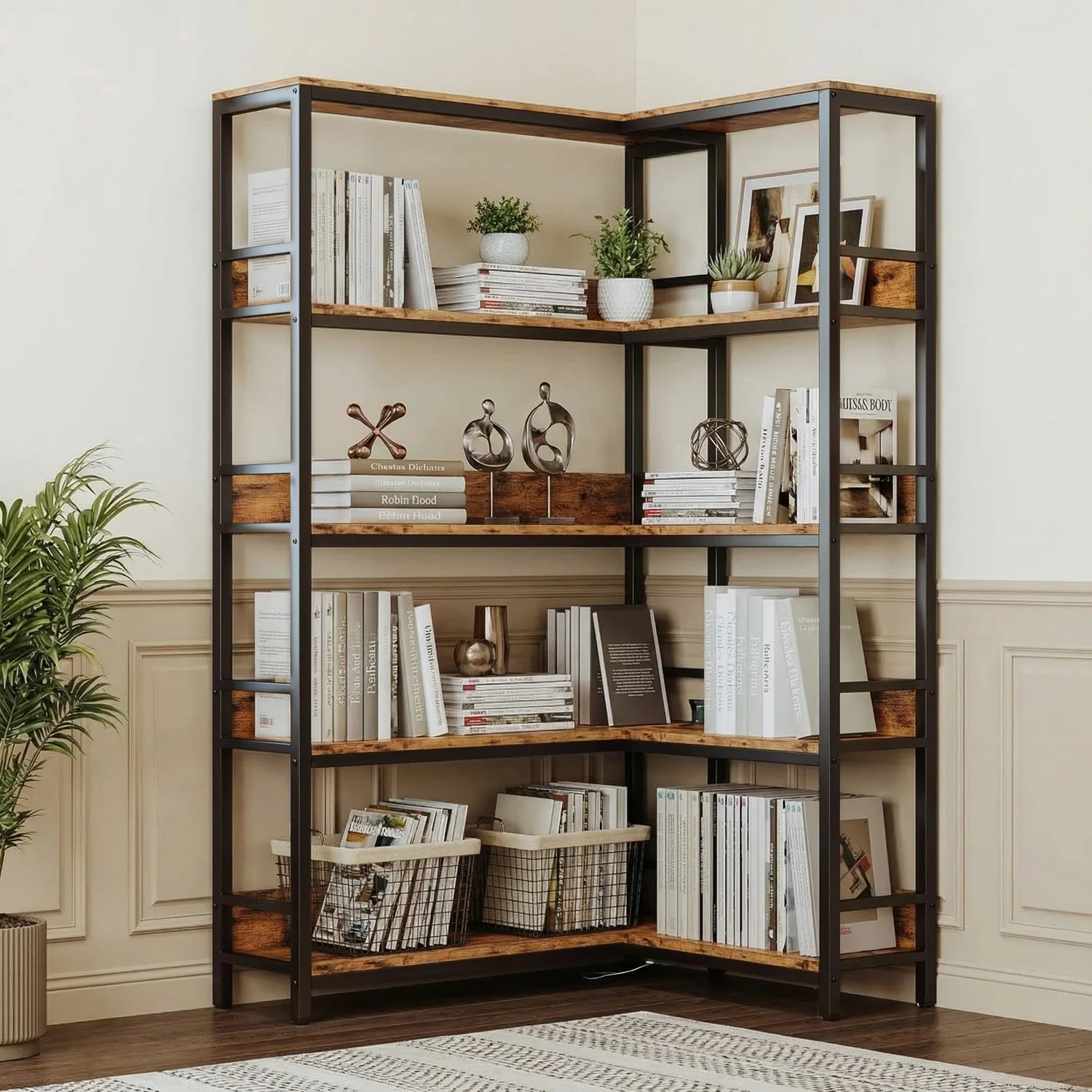 Consistent 5 Tiers Corner Bookcases Industrial Bookshelves with Baffles Etagere Shelf Storage Rack with Metal Frame5 Tiers Corner Bookcases Industrial Bookshelves with Baffles Etagere Shelf Storage Rack with Metal Frame Pure