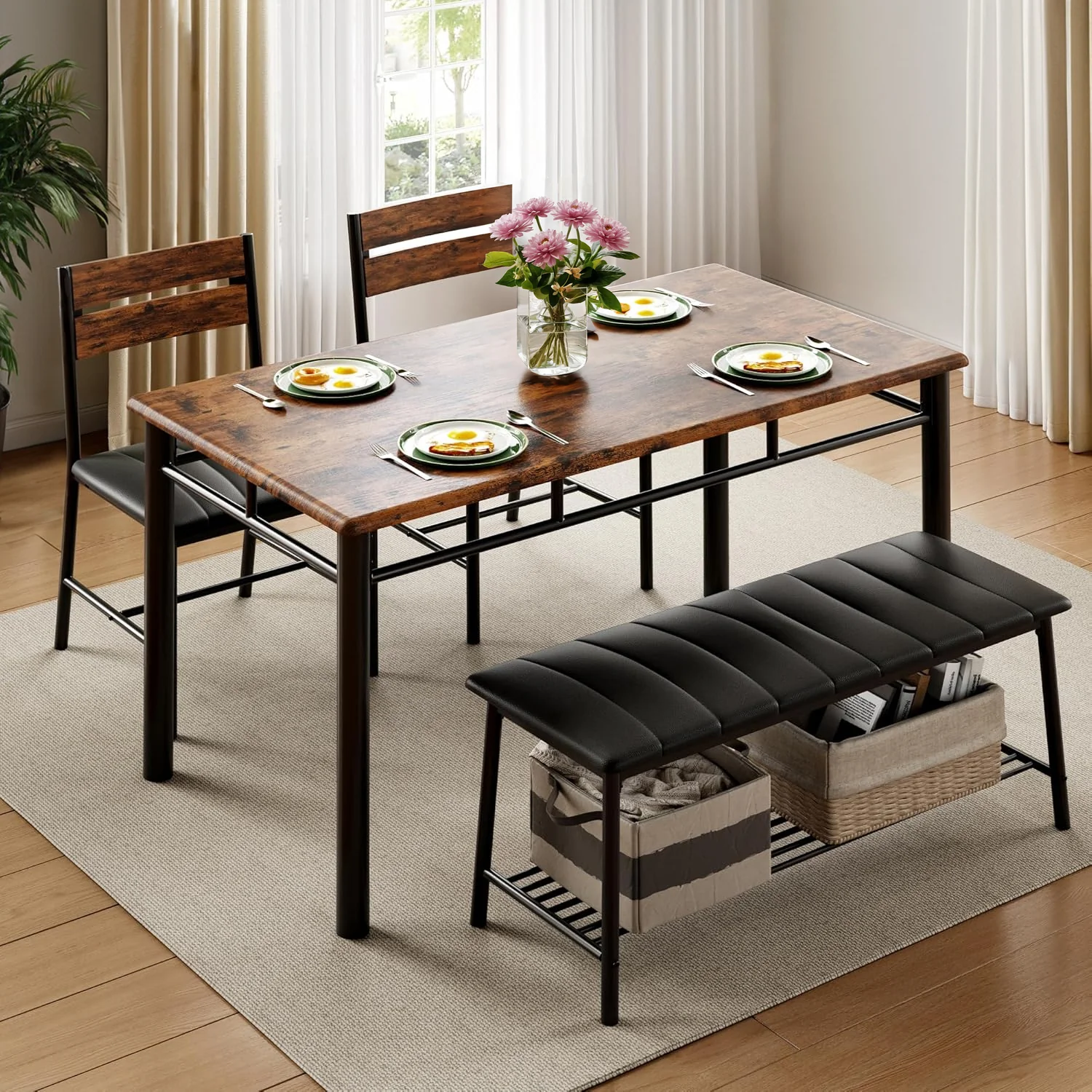 Elite Dining Table Set Wood Kitchen Table with Upholstered Bench and 2 Chairs Space-Saving Kitchen Table Set Compact Dining SetDining Table Set Wood Kitchen Table with Upholstered Bench and 2 Chairs Space-Saving Kitchen Table Set Compact Dining Set Clean