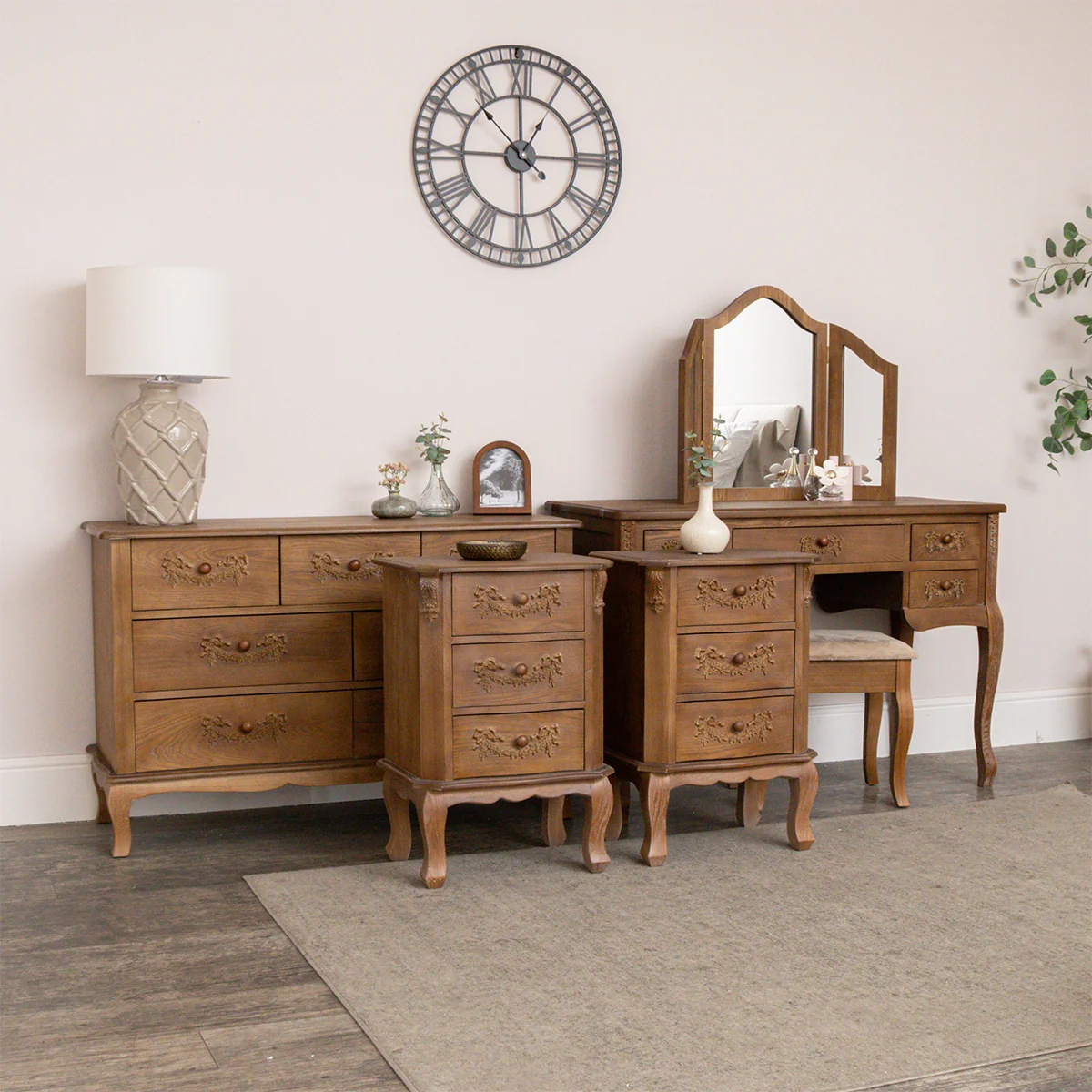 Pure Wooden Dressing Table Set 7 Drawer Chest of Drawers Pair of 3 Drawer Bedside Tables - Pays Du Bois Range Next-Generation