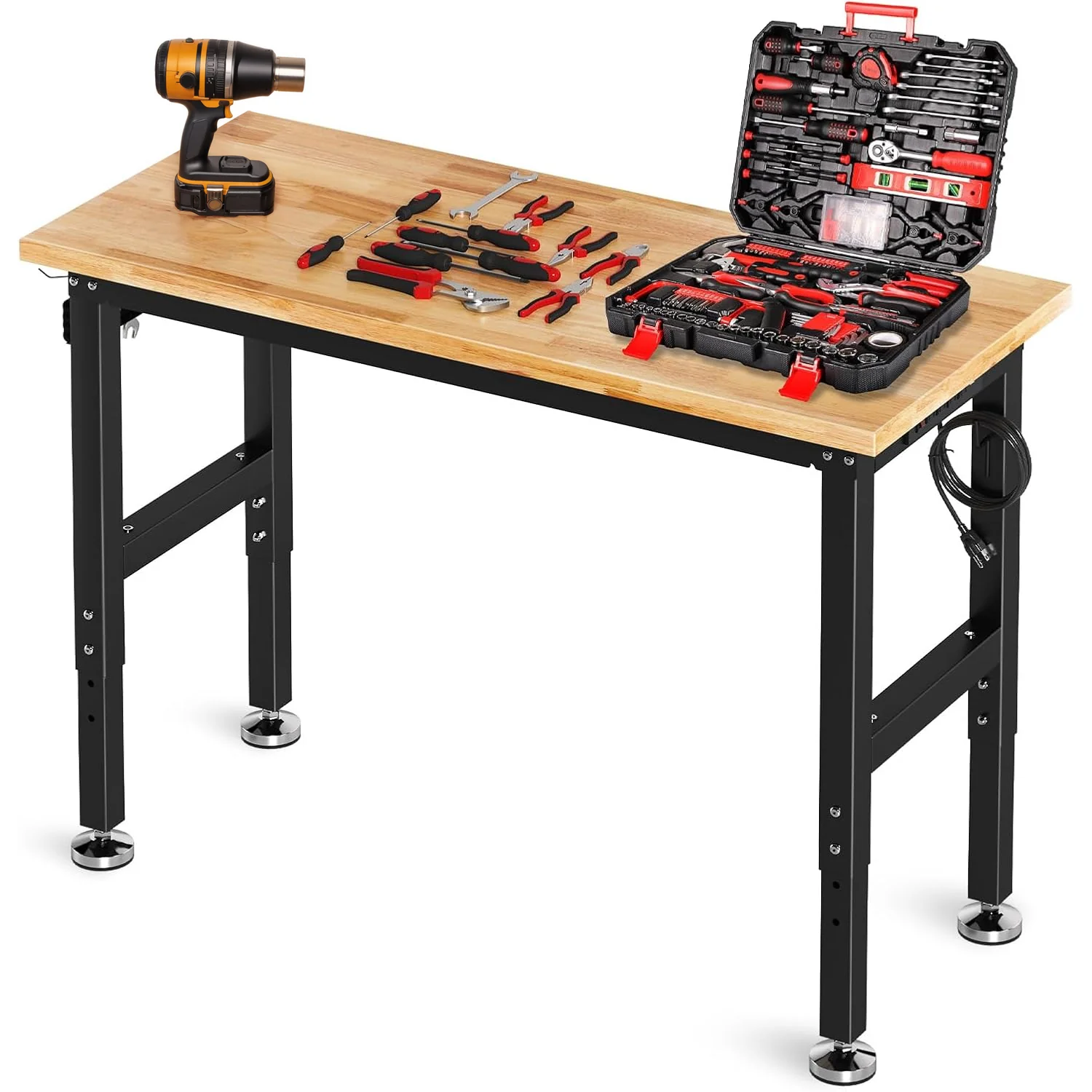 Efficient Height Adjustable Workbench with Power Outlets 2000 LBS Load Capacity Rubber Wood Top Workstation Heavy-Duty Work TableHeight Adjustable Workbench with Power Outlets 2000 LBS Load Capacity Rubber Wood Top Workstation Heavy-Duty Work Table Innovative