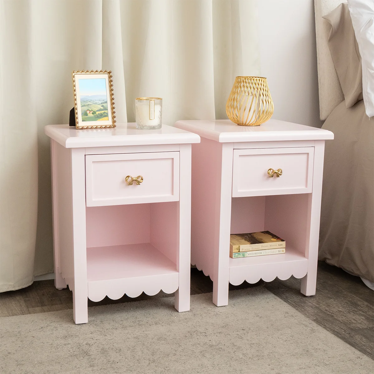 Advanced Pair of One Drawer Scalloped Bedside Tables - Staunton Pink Range Eco-Friendly