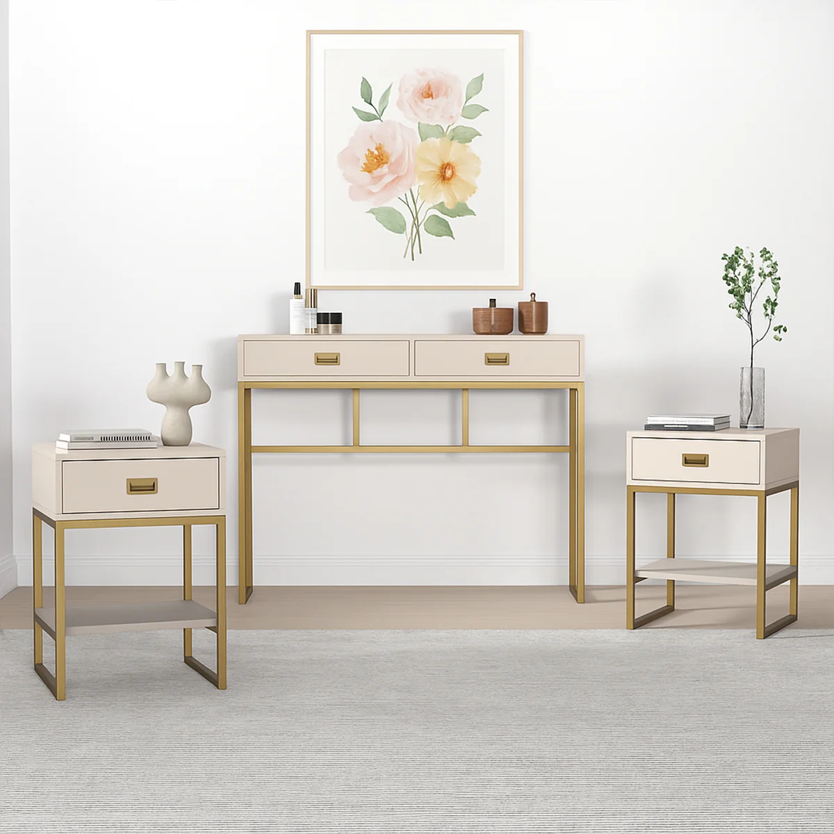 Secure Large 2 Drawer Dressing Table and Pair of Bedside Tables - Elle Stone Range Optimized