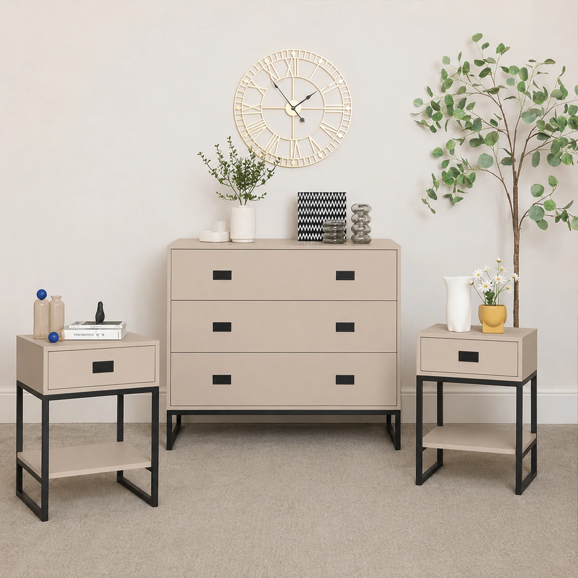 Modern Large 3 Drawer Chest of Drawers and Pair of Bedside Tables - Elle Dark Beige Range Fast