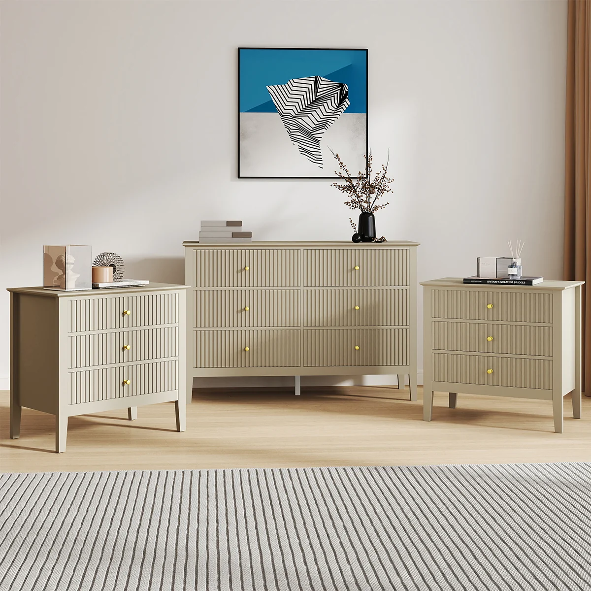 Safe Large 6 Drawer Chest Of Drawers and Pair Of Large Bedside Tables - Hales Taupe Range Sophisticated