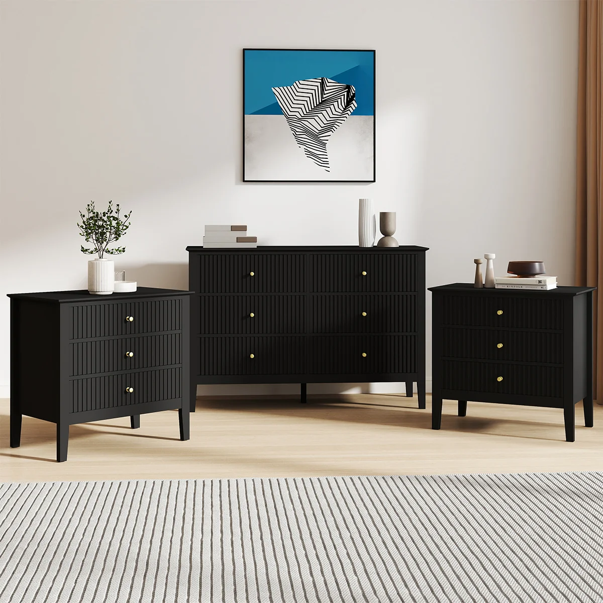 Classic Large 6 Drawer Chest Of Drawers and Pair Of Large Bedside Tables - Hales Black Range Refined