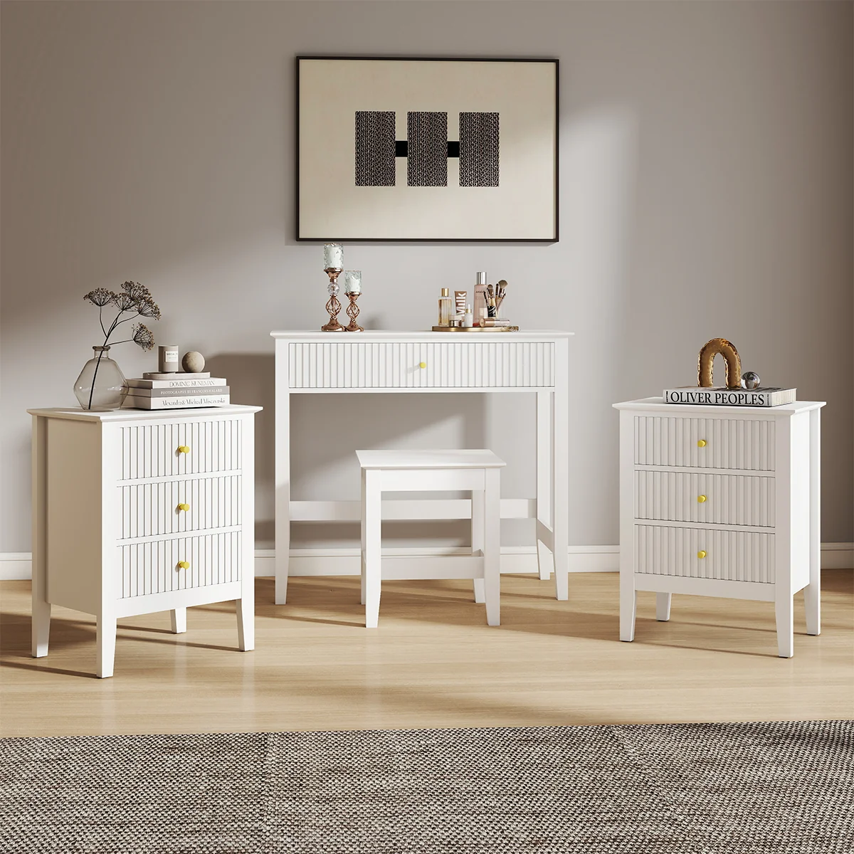 Authentic Dressing Table Stool Pair of 3 Drawer Bedside Tables - Hales White Range Fast