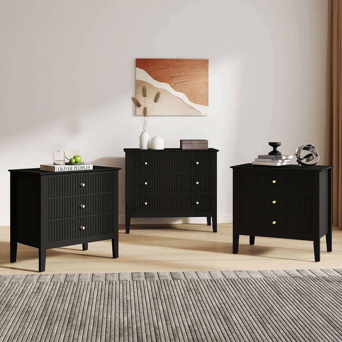 Next-Generation Wide 3 Drawer Chest of Drawers and Pair of Large Bedside Tables - Hales Black Range Premium Material