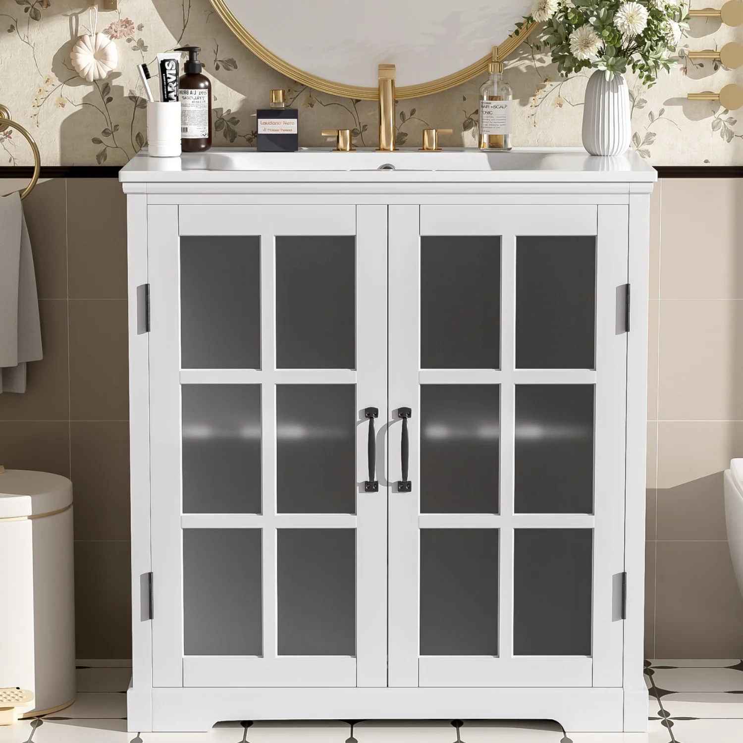 Exceptional White Bathroom Vanity with Ceramic Sink Tempered Blurred Glass and Matte Black Handles Large Storage Space and Rubber Wood FrameWhite Bathroom Vanity with Ceramic Sink Tempered Blurred Glass and Matte Black Handles Large Storage Space and Rubber Wood Frame Flexible