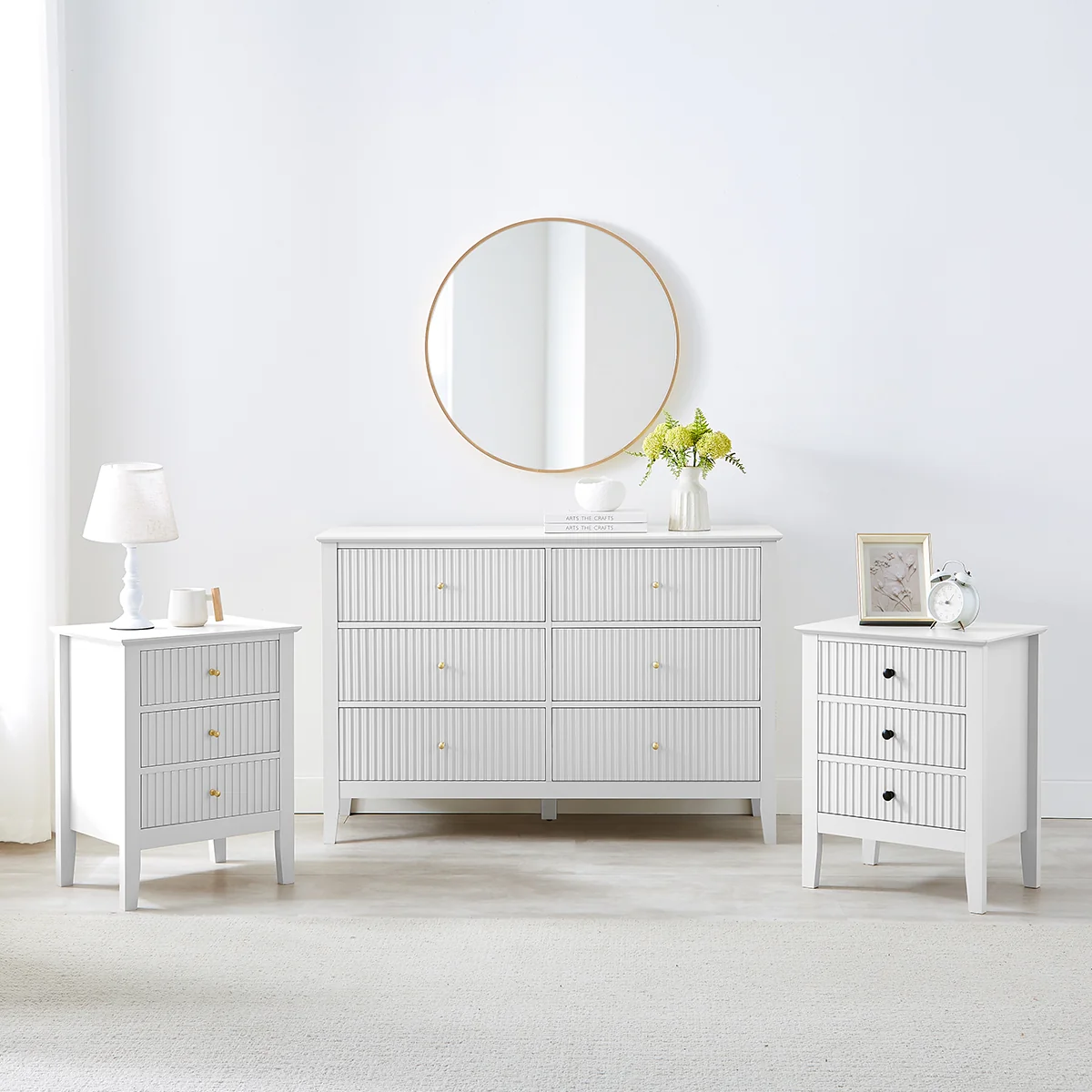 Artisan Large Chest of Drawers and Pair of Bedside Tables - Hales White Range Environmentally Friendly