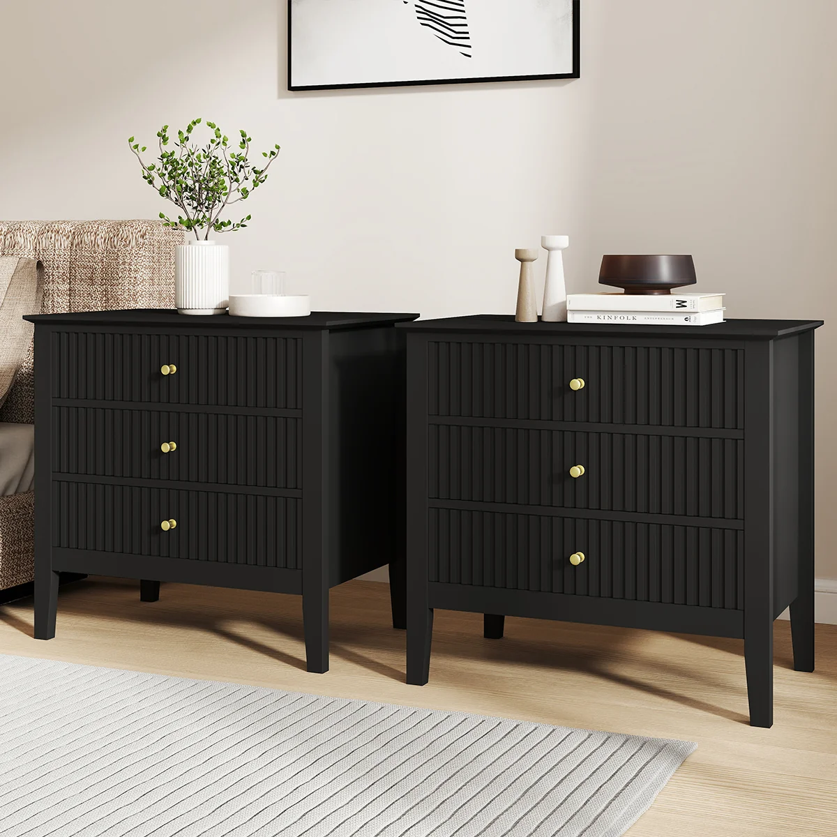 Powerful Pair of Large 3 Drawer Bedside Tables - Hales Black Range Practical