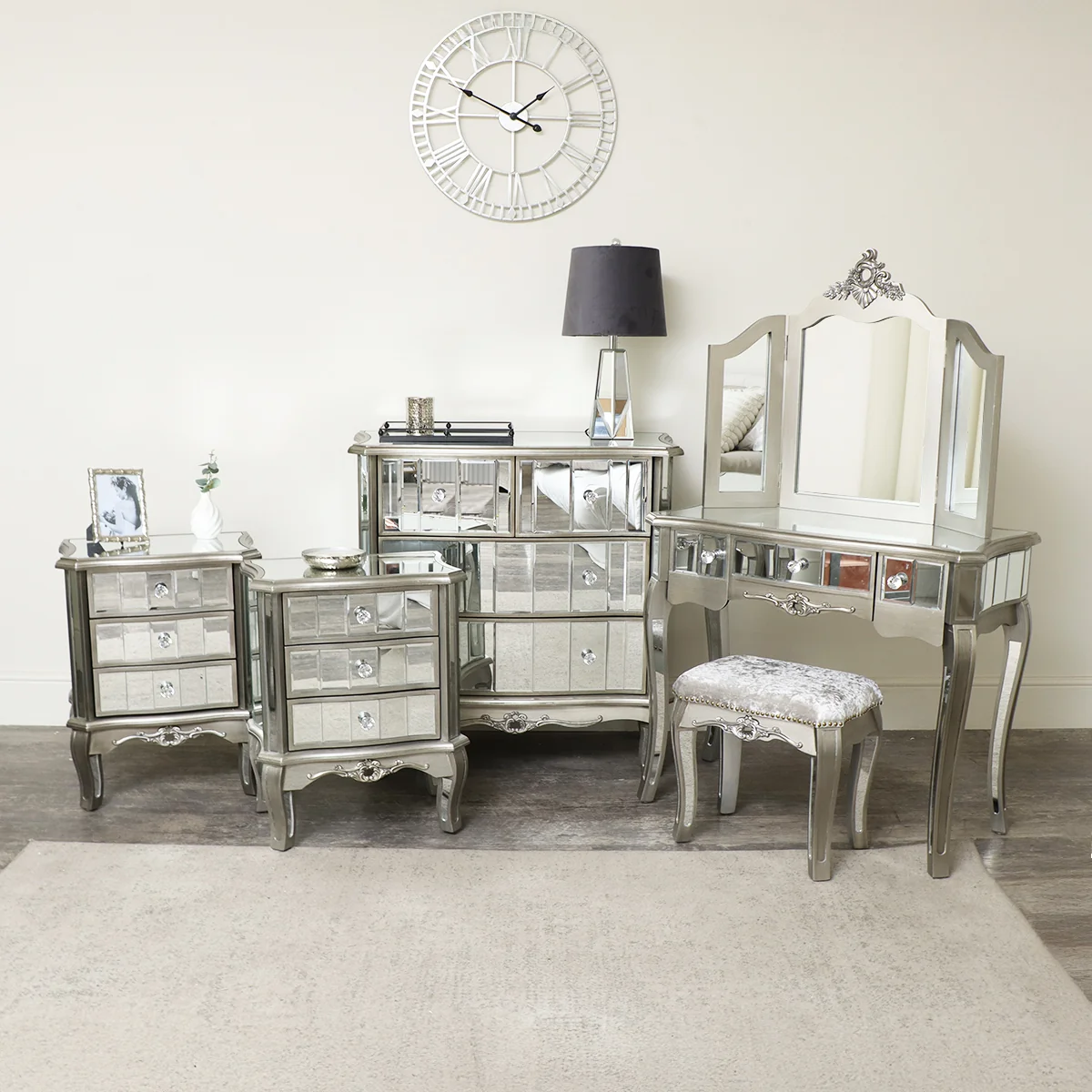 Advanced Silver Mirrored Chest of Drawers Dressing Table Set 3 Drawer Bedside Tables - Tiffany Range Natural