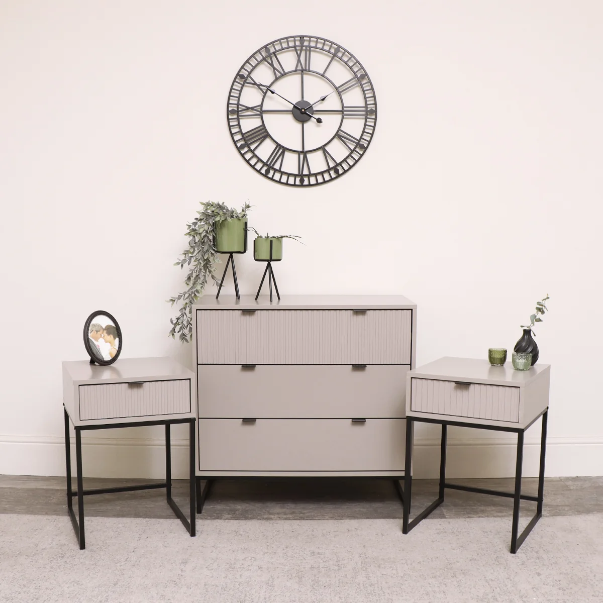 High-Performance 3 Drawer Chest of Drawers and Pair of Bedside Tables - Hesley Taupe Stone Range Environmentally Friendly