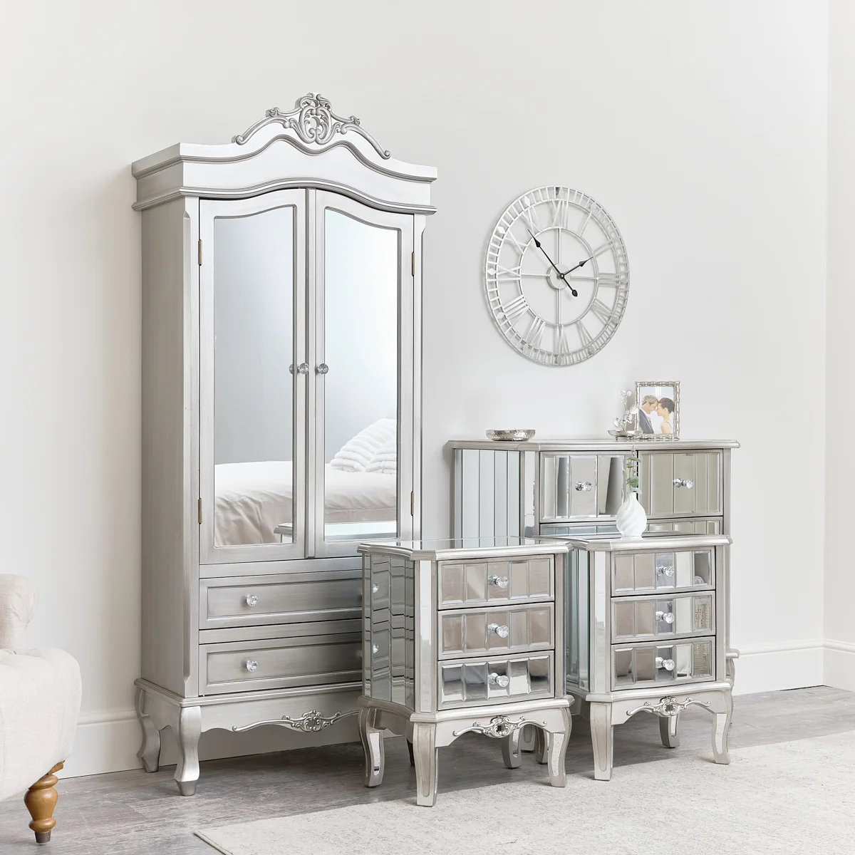Crafted Mirrored Closet Chest of Drawers Pair of 3 Drawer Bedsides - Tiffany Range Original
