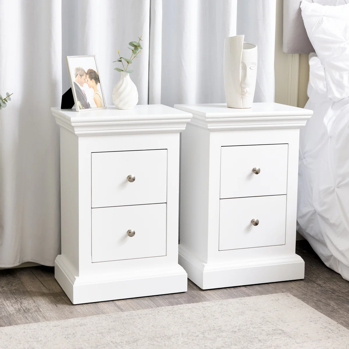 Elegant Pair of White 2 Drawer Bedside Tables - Slimline Haxey White Range Artisan