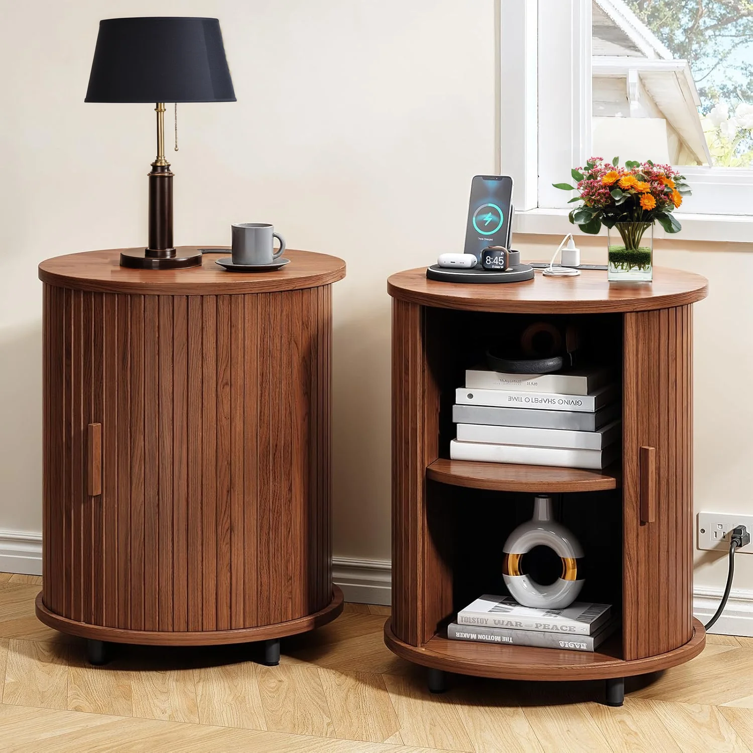 Prestigious Round Side Table Nightstand Bedside Table Small End Table with Storage Shelves Sliding Tambour Door Power OutletsRound Side Table Nightstand Bedside Table Small End Table with Storage Shelves Sliding Tambour Door Power Outlets Superior