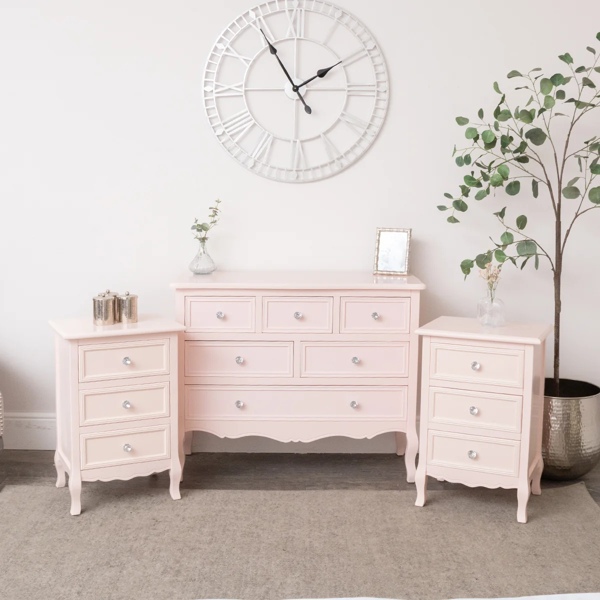 Contemporary Large Pink 6 Drawer Chest of Drawers Pair of 3 Drawer Bedsides - Sophia Pink Range Lightweight