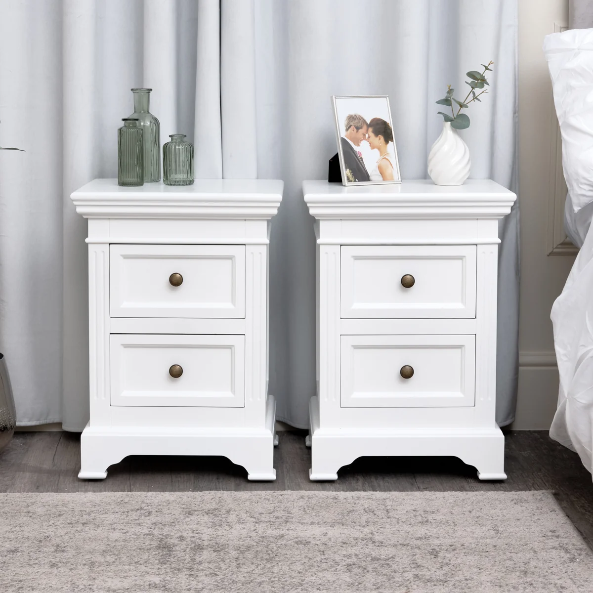 Consistent Pair of White Two Drawer Bedside Tables - Daventry White Range Verified