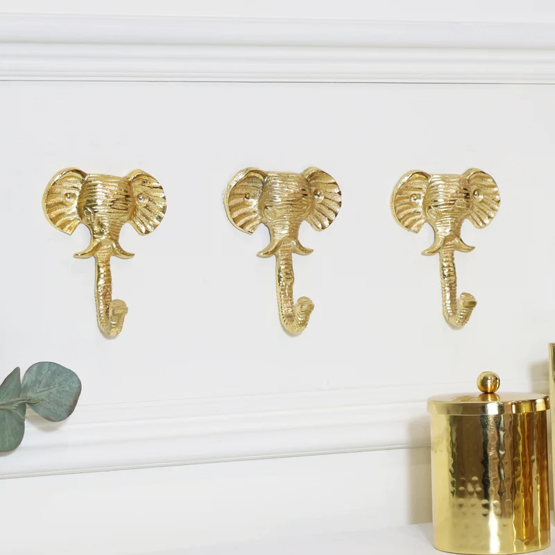 Original Design Set Of 3 Gold Elephants Head Wall Hooks Recyclable
