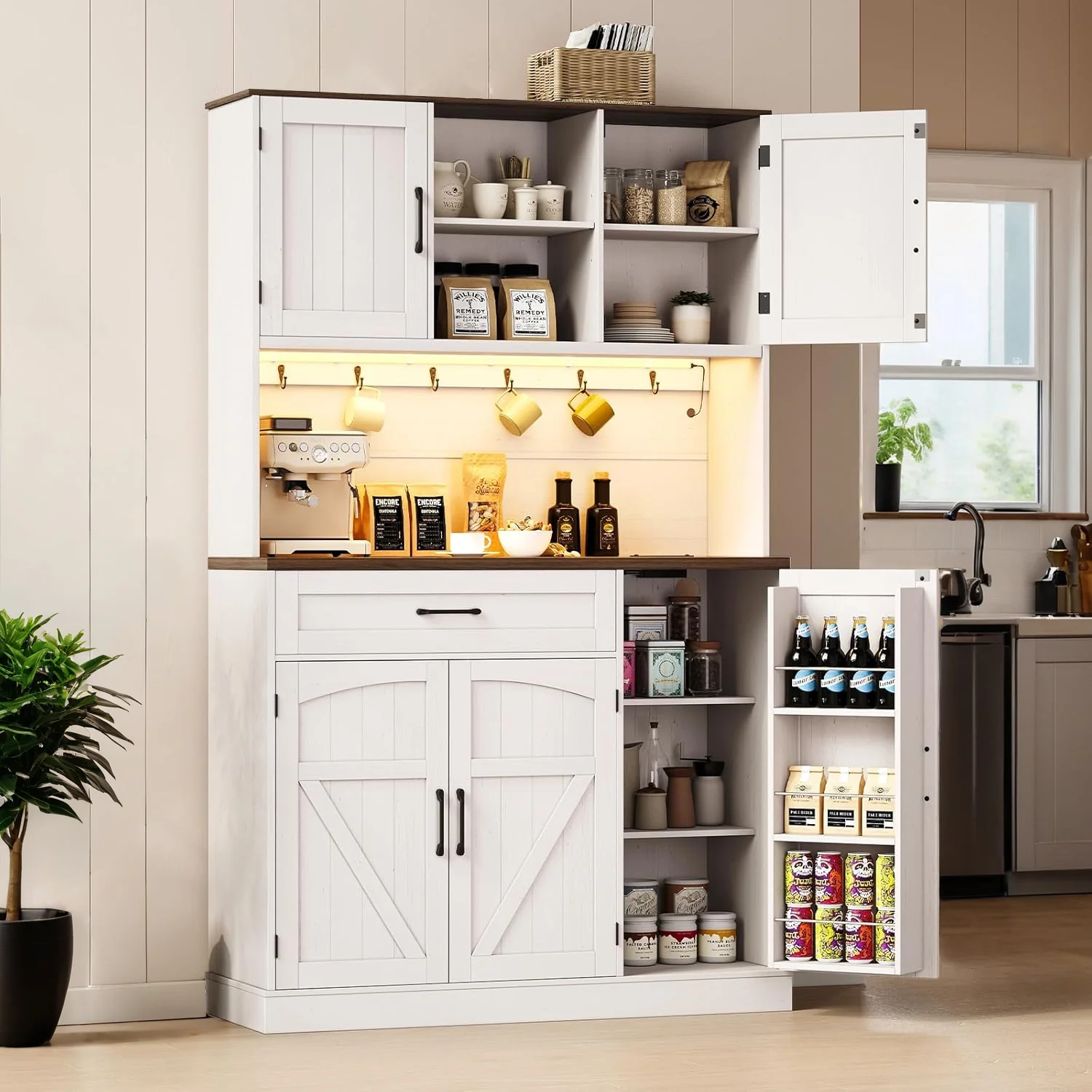 Solid 71 Inch Kitchen Pantry Cabinet with LED Light Outlet Microwave Shelf 6 Hooks Drawer and Adjustable Shelves71 Inch Kitchen Pantry Cabinet with LED Light Outlet Microwave Shelf 6 Hooks Drawer and Adjustable Shelves Environmentally Friendly