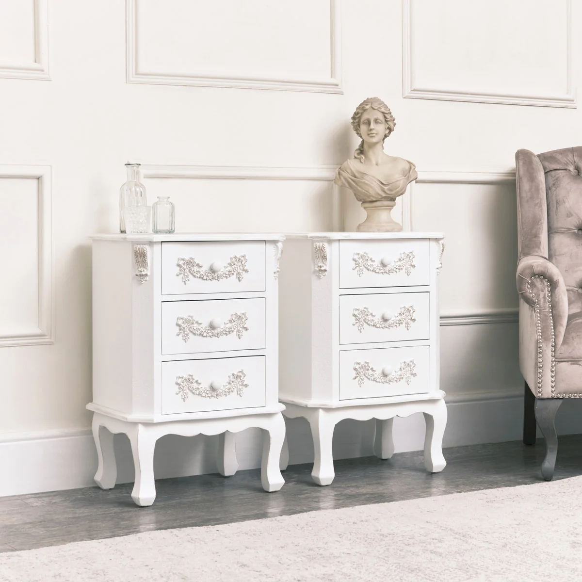 Effective Pair of Antique White 3 Drawer Bedside Tables - Pays Blanc Range Solid