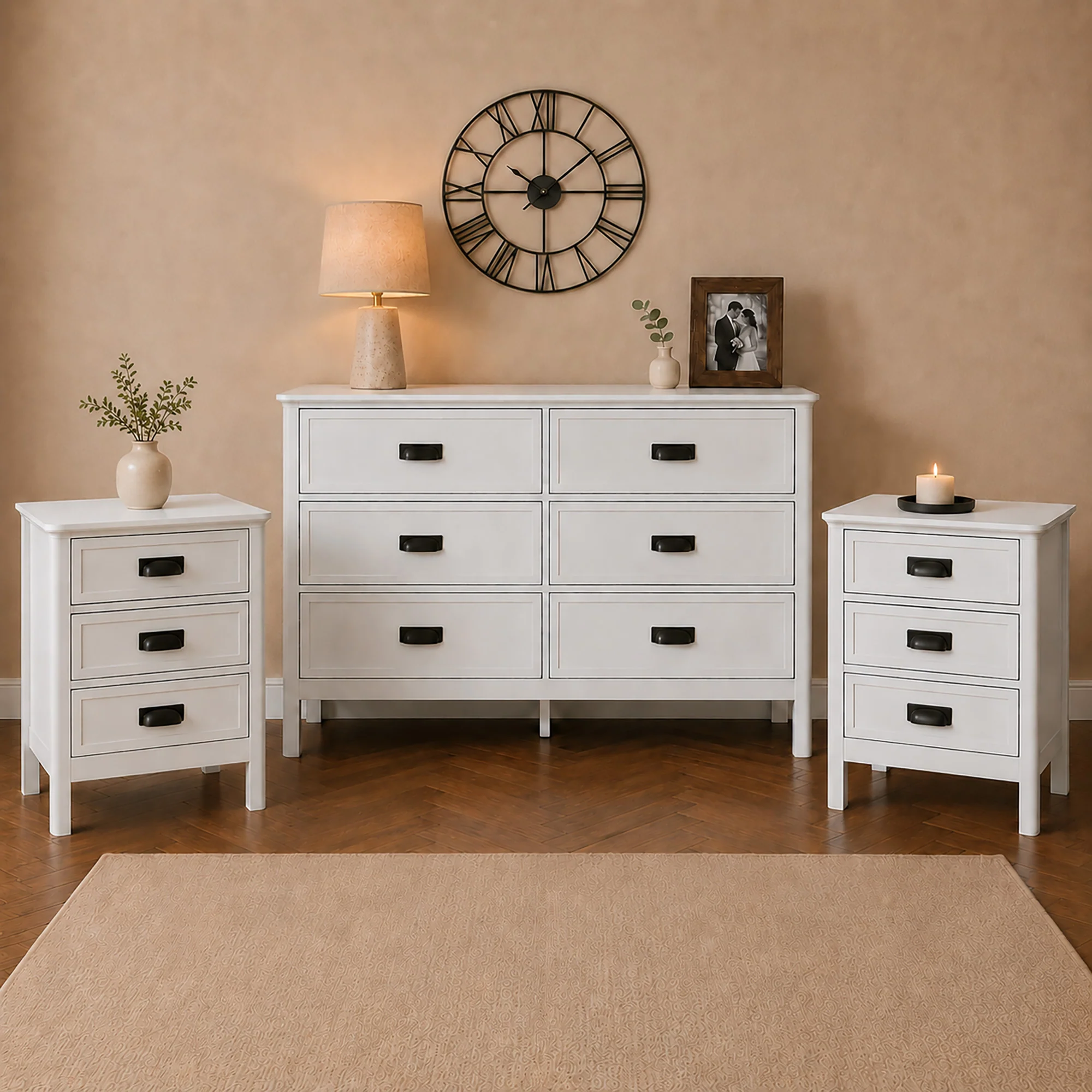 User-Friendly Large 6 Drawer Chest of Drawers and Pair of Bedside Tables - Lawrence White Ivory Range Recyclable
