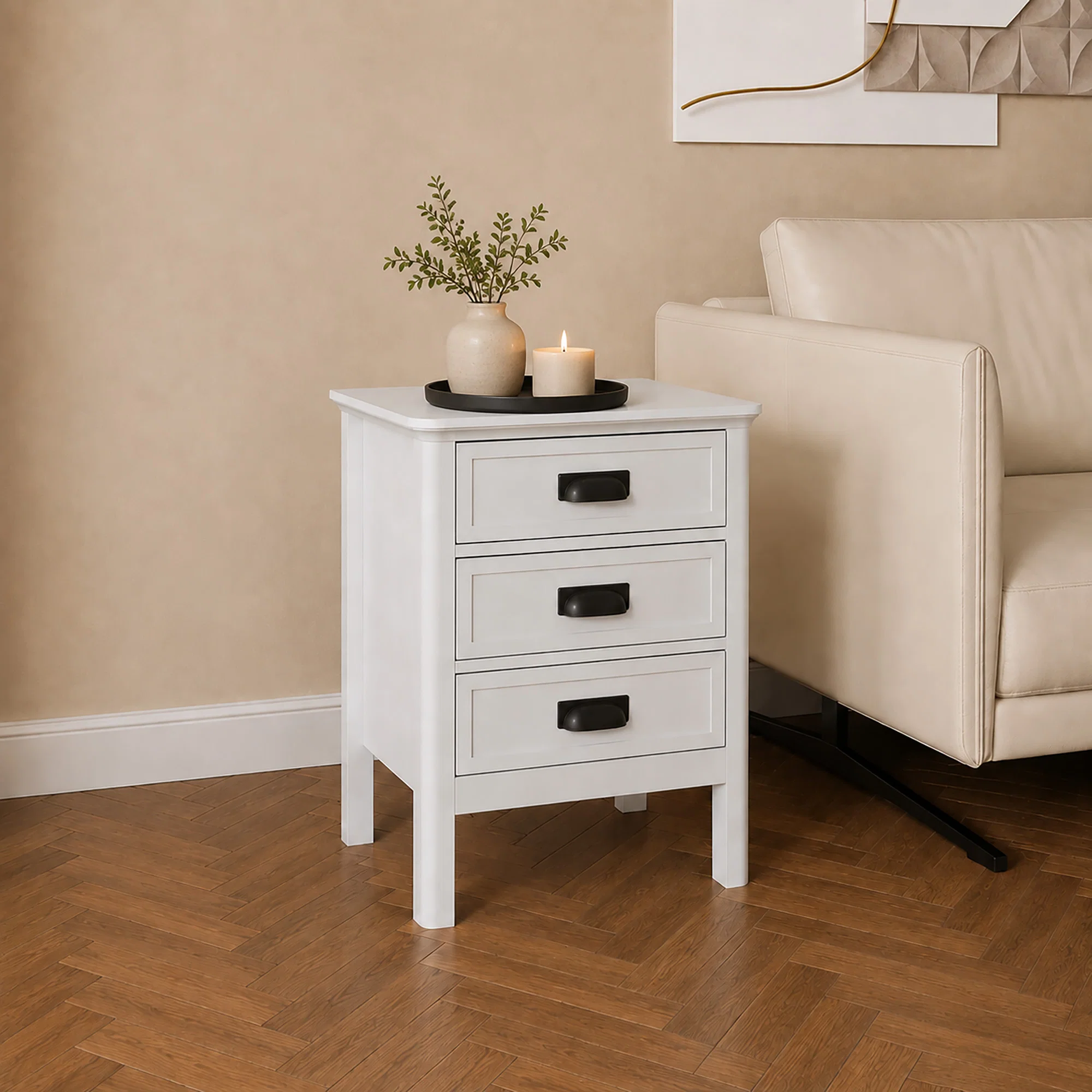Enhanced 3 Drawer Bedside Table - Lawrence White Ivory Range User-Friendly