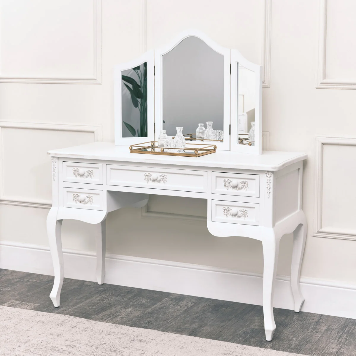 Flexible Antique White Dressing Table Desk with Triple Mirror - Pays Blanc Range Excellent