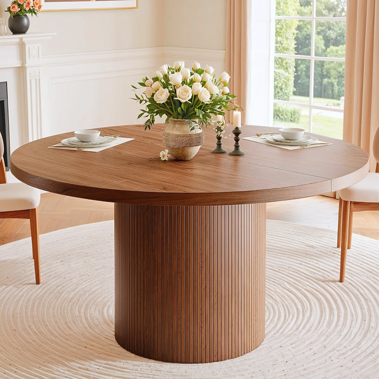 Sustainable Round Dining Table Fluted Kitchen Table 47 inch Dinner Table with Wood Strip BaseRound Dining Table Fluted Kitchen Table 47 inch Dinner Table with Wood Strip Base Smooth