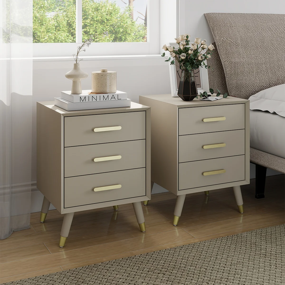 Advanced Pair of 3 Drawer Bedside Tables - Oslo Taupe Range Optimized